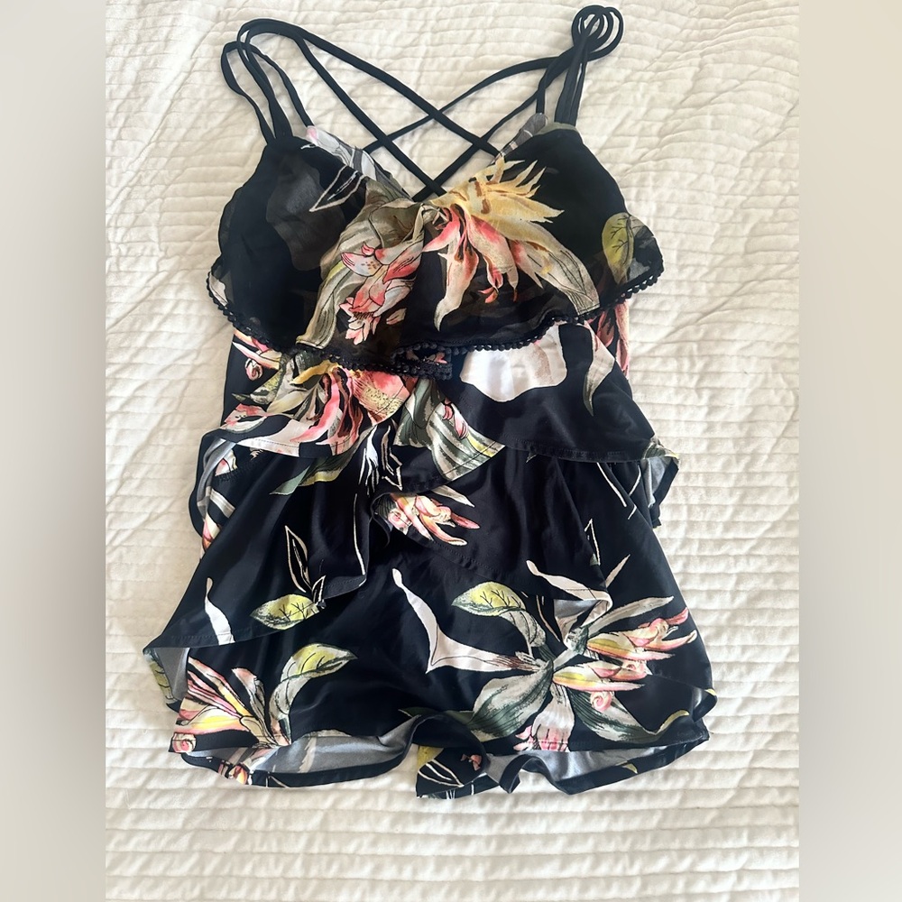 BCBG tank blouse with ruffles and cross pattern on the back